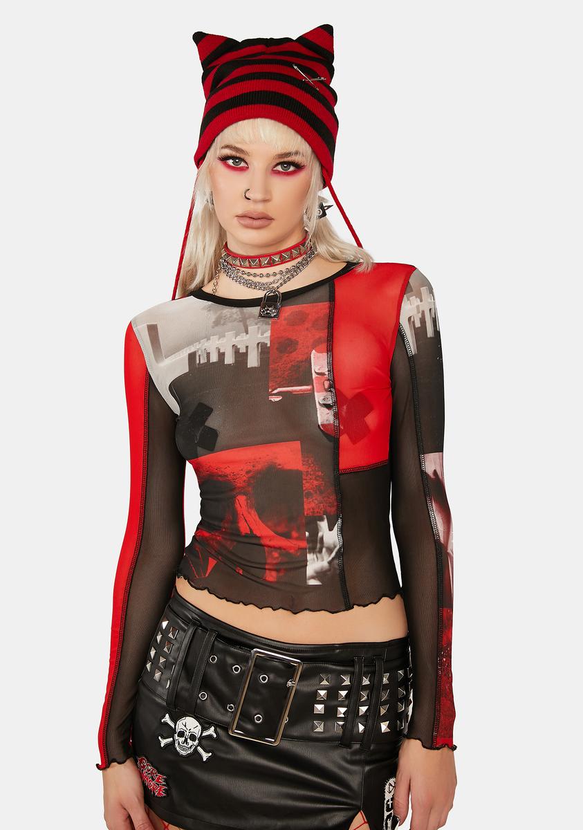 Current Mood Skull Cemetery Graphic Mesh Crop Top - Red