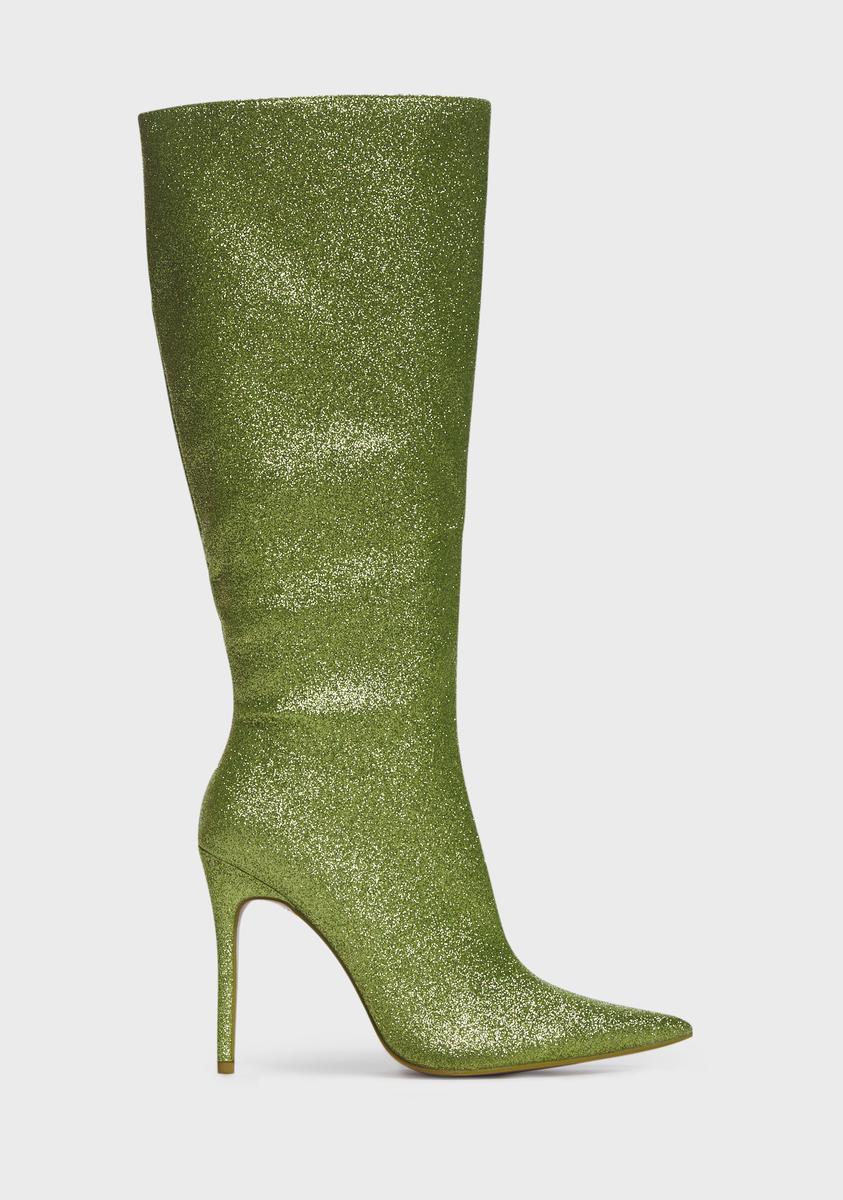 Public Desire Glitter Stiletto Pointed Knee High Boots - Green/Lime – Dolls  Kill