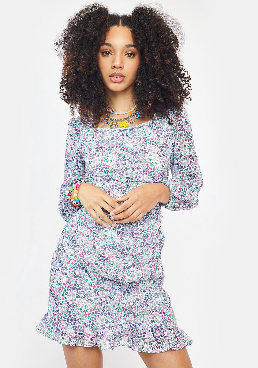 Floral Long Puff Sleeve Sweetheart Mini Dress White – Dolls Kill