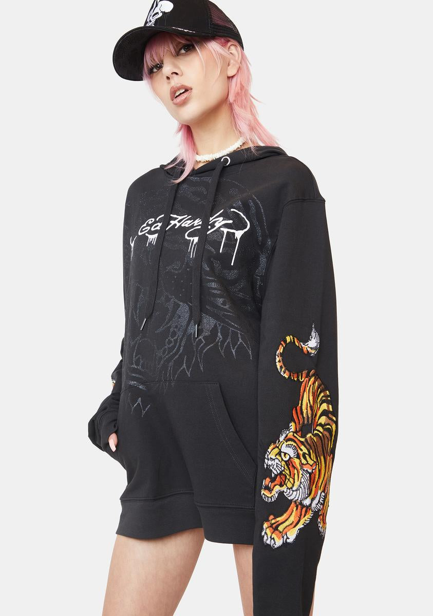 Ed Hardy Tonal Glitter And Embroidered Tiger Hoodie - Black – Dolls Kill