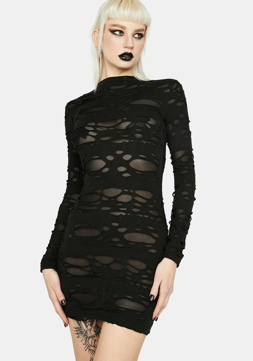 Sheer Distressed Mock Neck Long Sleeve Mini Dress - Black – Dolls Kill