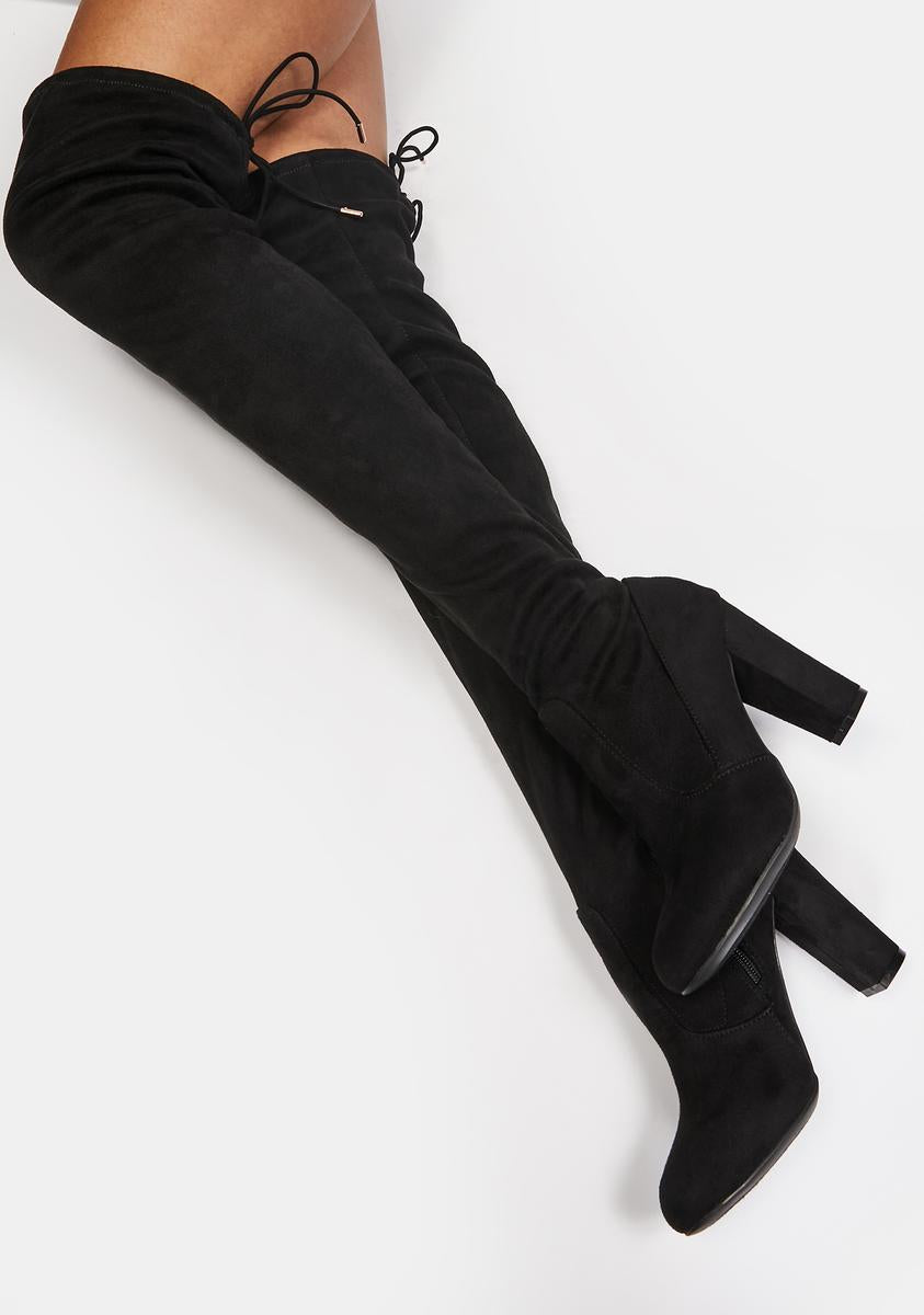 Faux Suede Thigh High Heel Boots Black – Dolls Kill