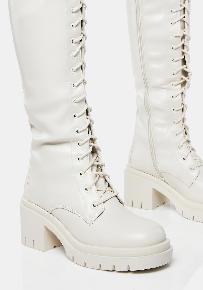 Knee High Lace Up Boots - Beige – Dolls Kill