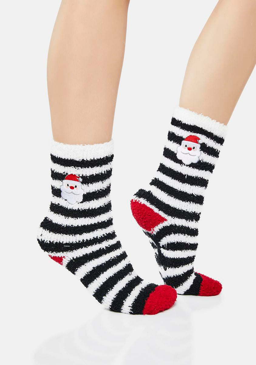 MeMoi Fuzzy Santa Embroidery Striped Crew Socks - Multi – Dolls Kill