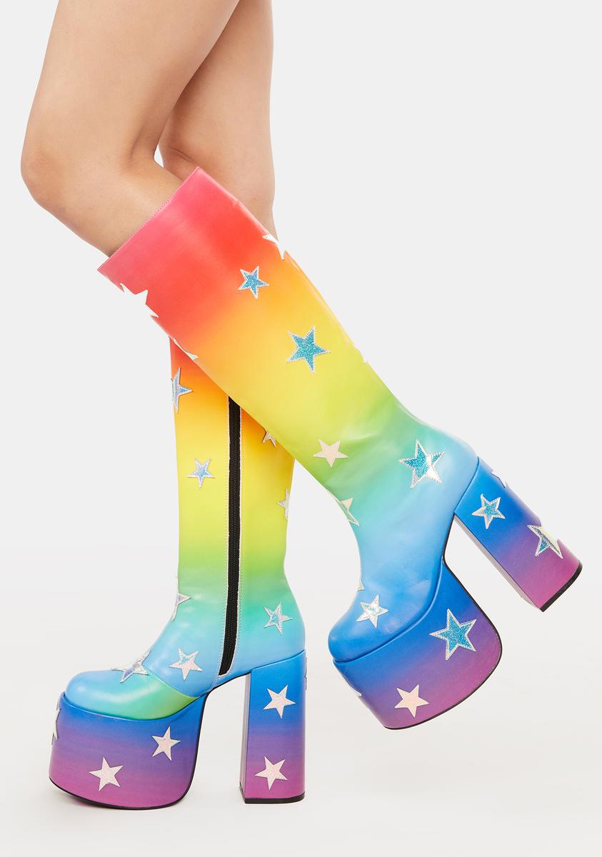 Club Exx Rainbow Star Knee High Platform Heel Boots – Dolls Kill