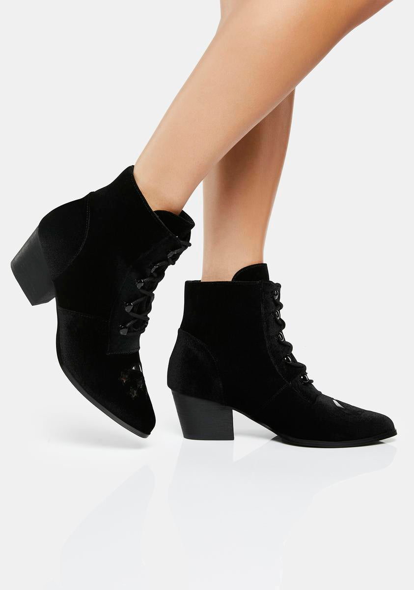YRU Moon Star Velvet Ankle Boots - Black – Dolls Kill