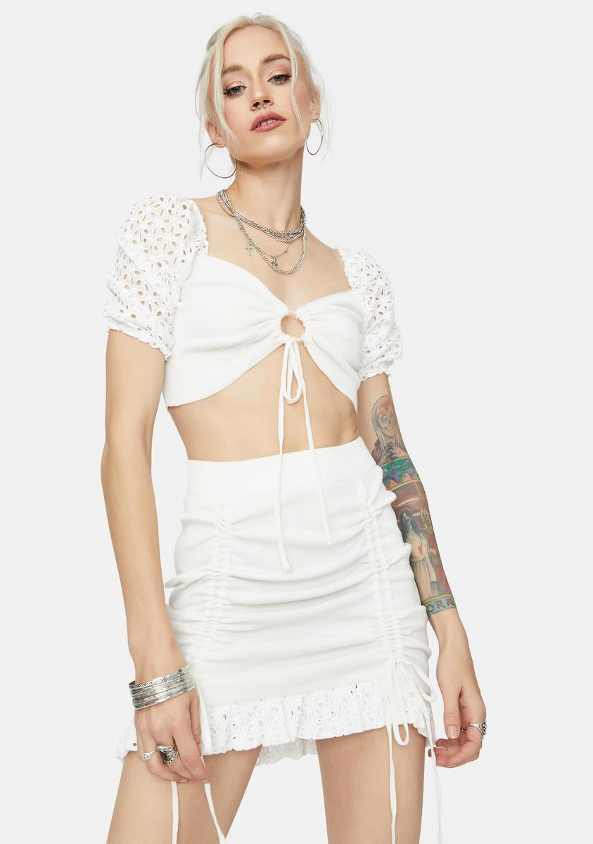 Puff Sleeve Eyelet Crop Top And Skirt Set - White – Dolls Kill