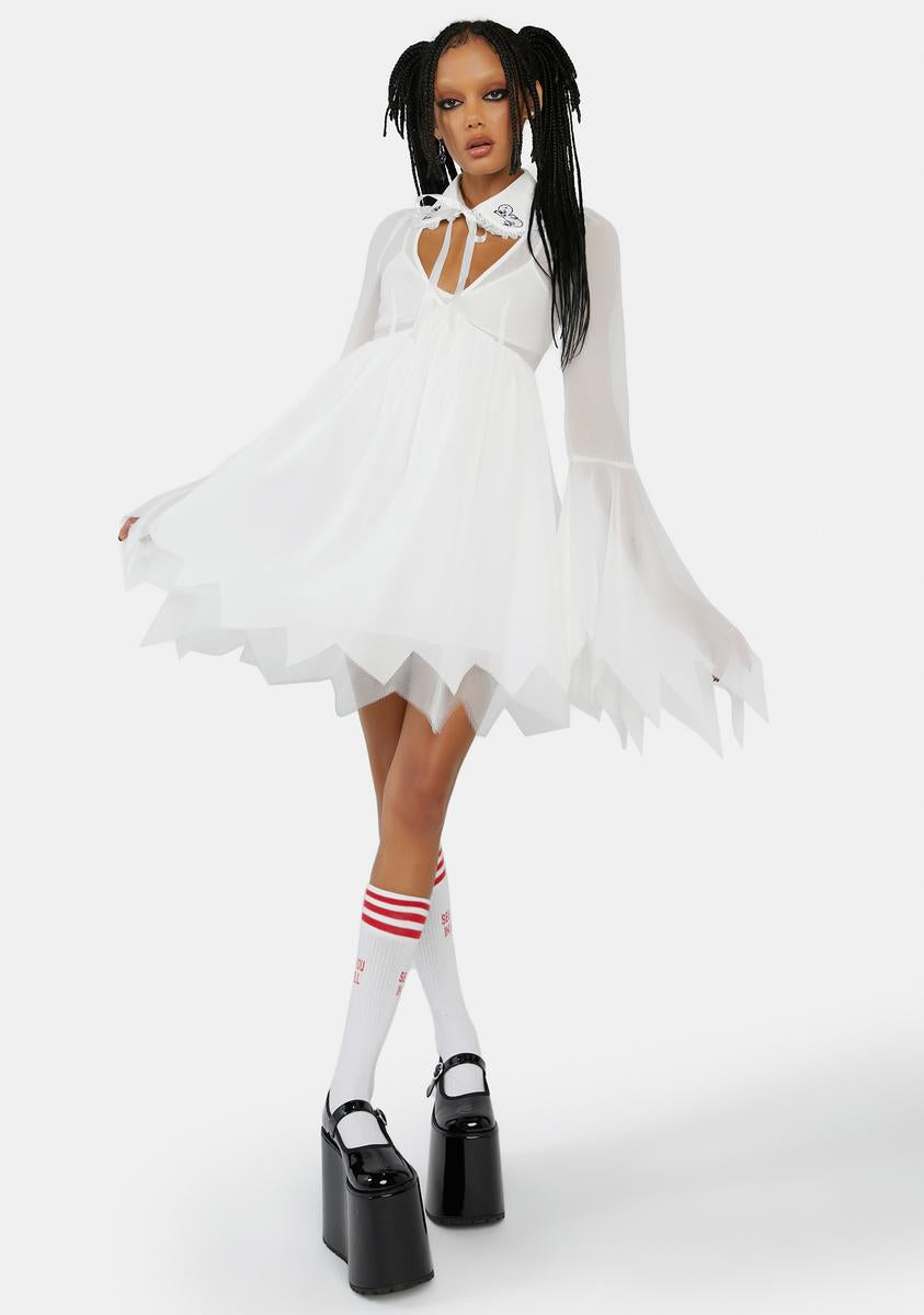Dolls Kill x Hot Stuff Casper Sheer Chiffon Embroidered Mini Babydoll Dress  - White