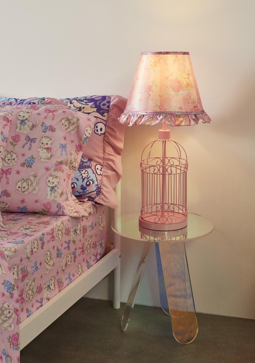Dolls Home Satin Floral Birdcage Table Lamp - Pink – Dolls Kill