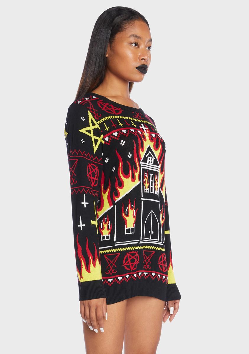 Too Fast Church Fire Printed Knit Christmas Sweater – Dolls Kill