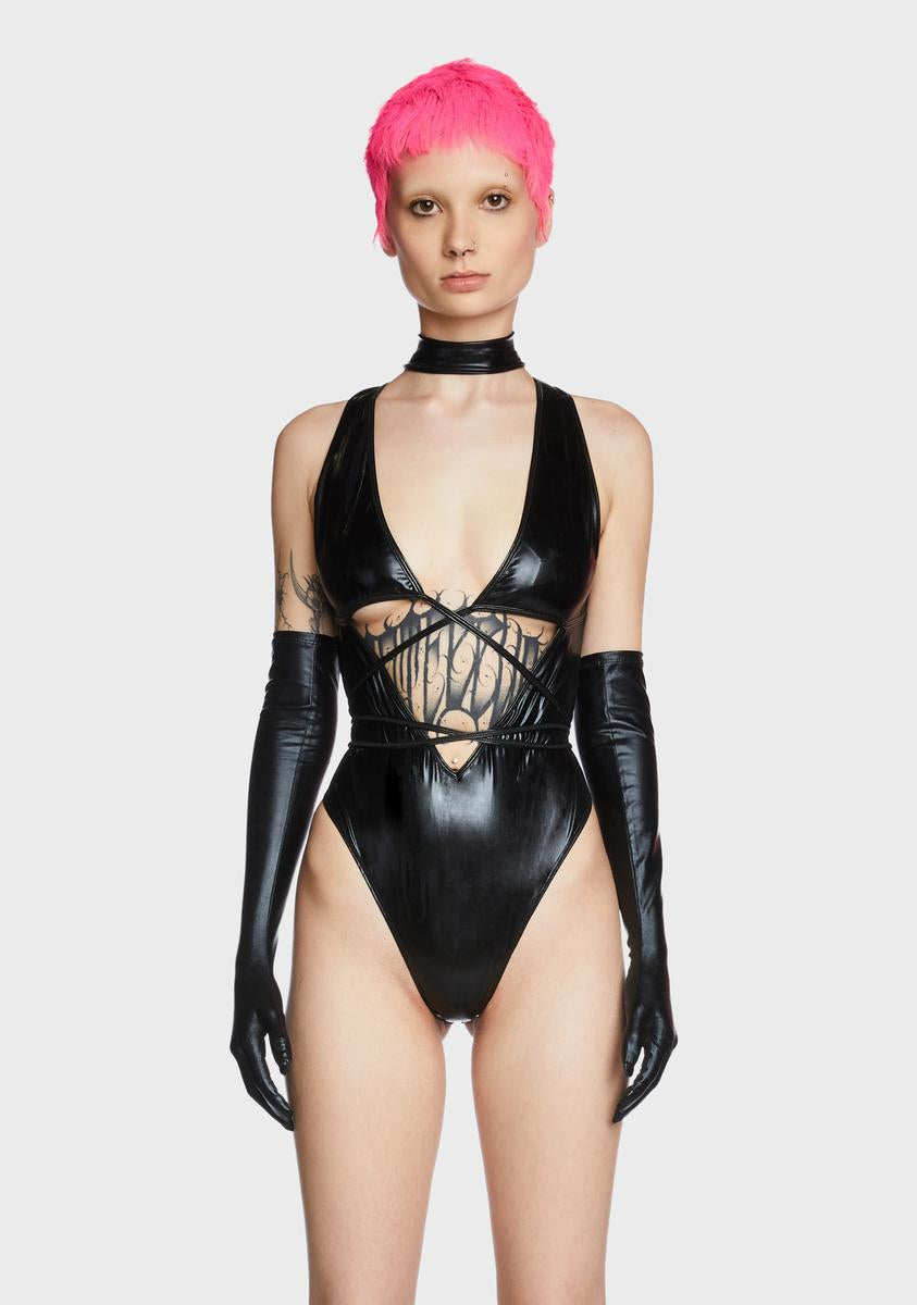 Club Exx Vegan Leather Cutout Bodysuit And Gloves Set - Black – Dolls Kill