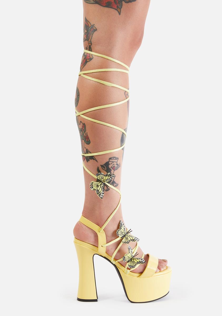 Sugar Thrillz Lace-Up Wrap Butterfly Platform Heels - Yellow – Dolls Kill