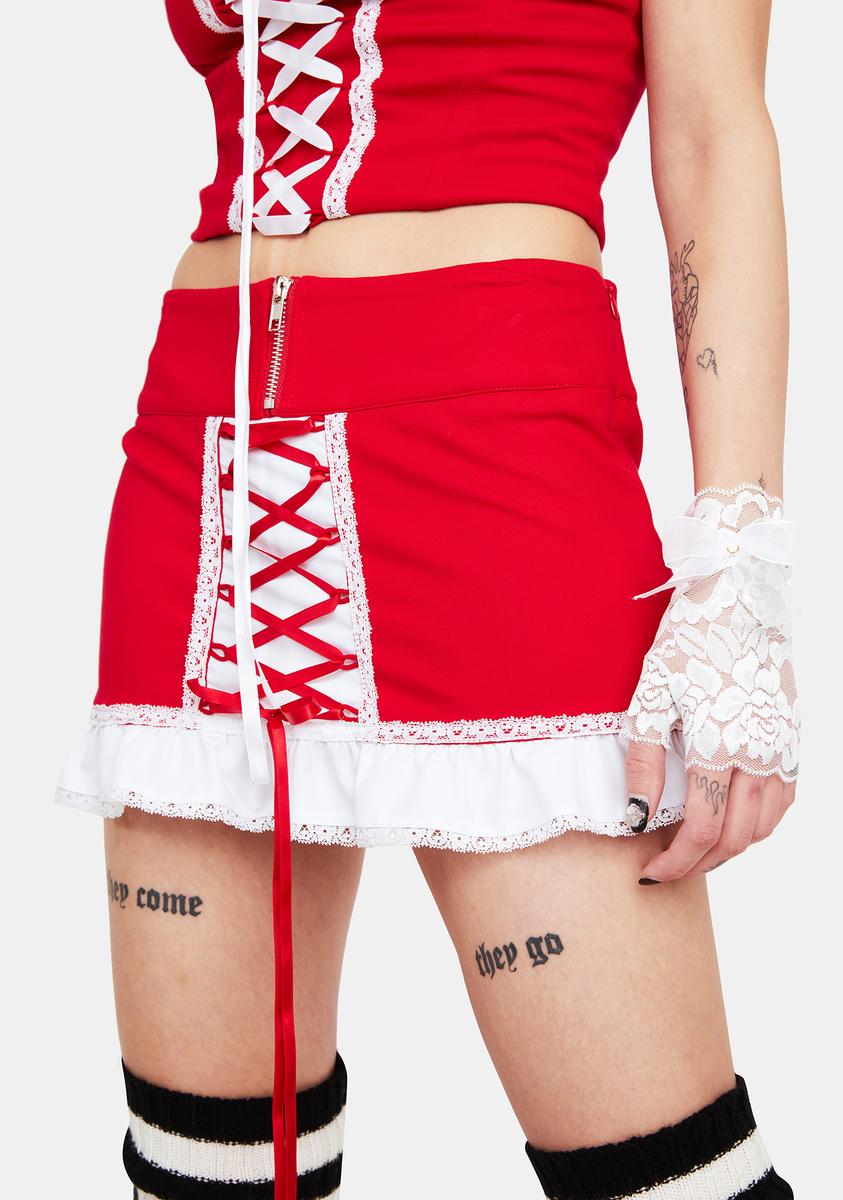 Lace Up Ruffle Lace Micro Mini Skirt - Red/White – Dolls Kill