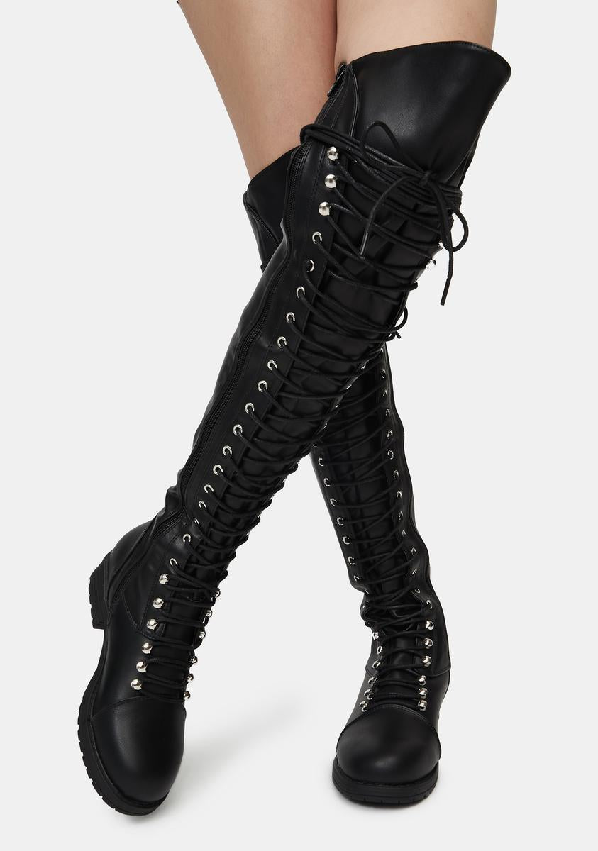 Vegan Leather Print Lace Up Knee High Boots Black – Dolls Kill