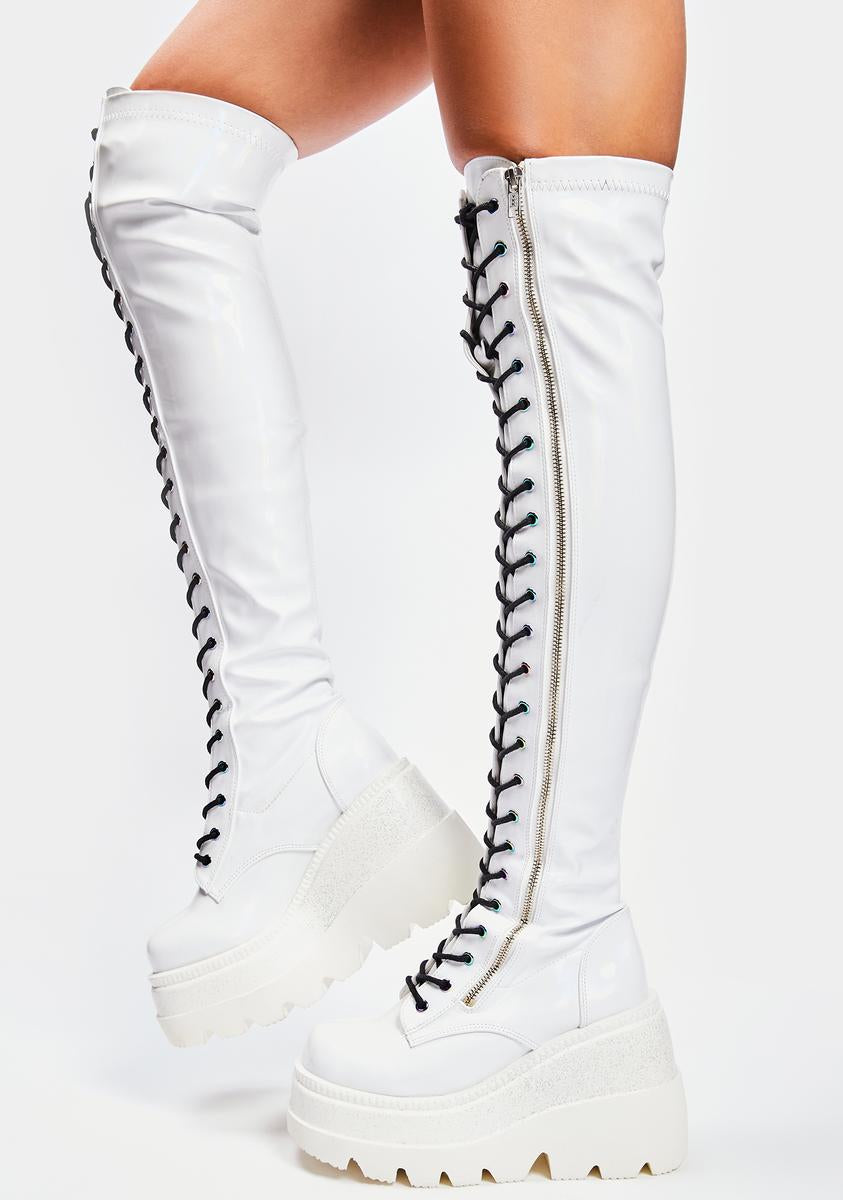 Demonia Thigh High Platform Lace Up Boots - White – Dolls Kill