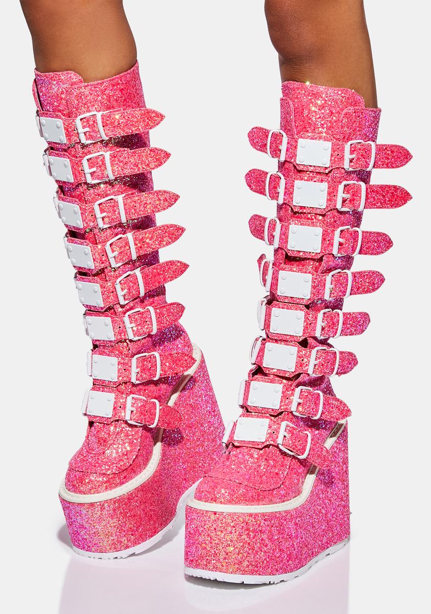 Demonia Swing-815 Knee High Buckle Platform Boots - UV Pink Glitter – Dolls  Kill