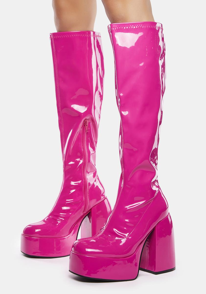 Patent Vegan Leather Knee High Platform Boots - Pink – Dolls Kill