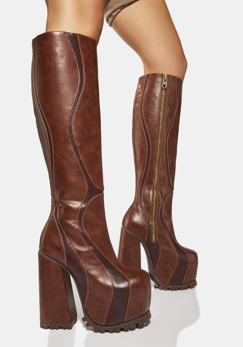 Current Mood Vegan Leather Wavy Chunky Platform Heel Knee High Boots - Brown  – Dolls Kill