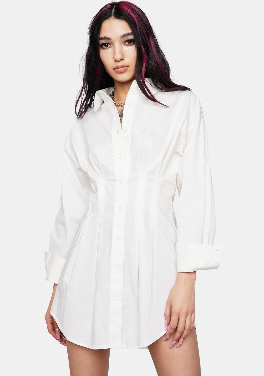 You Excel Collared Long Sleeve Cinched Waist Shirt Dress - White ...