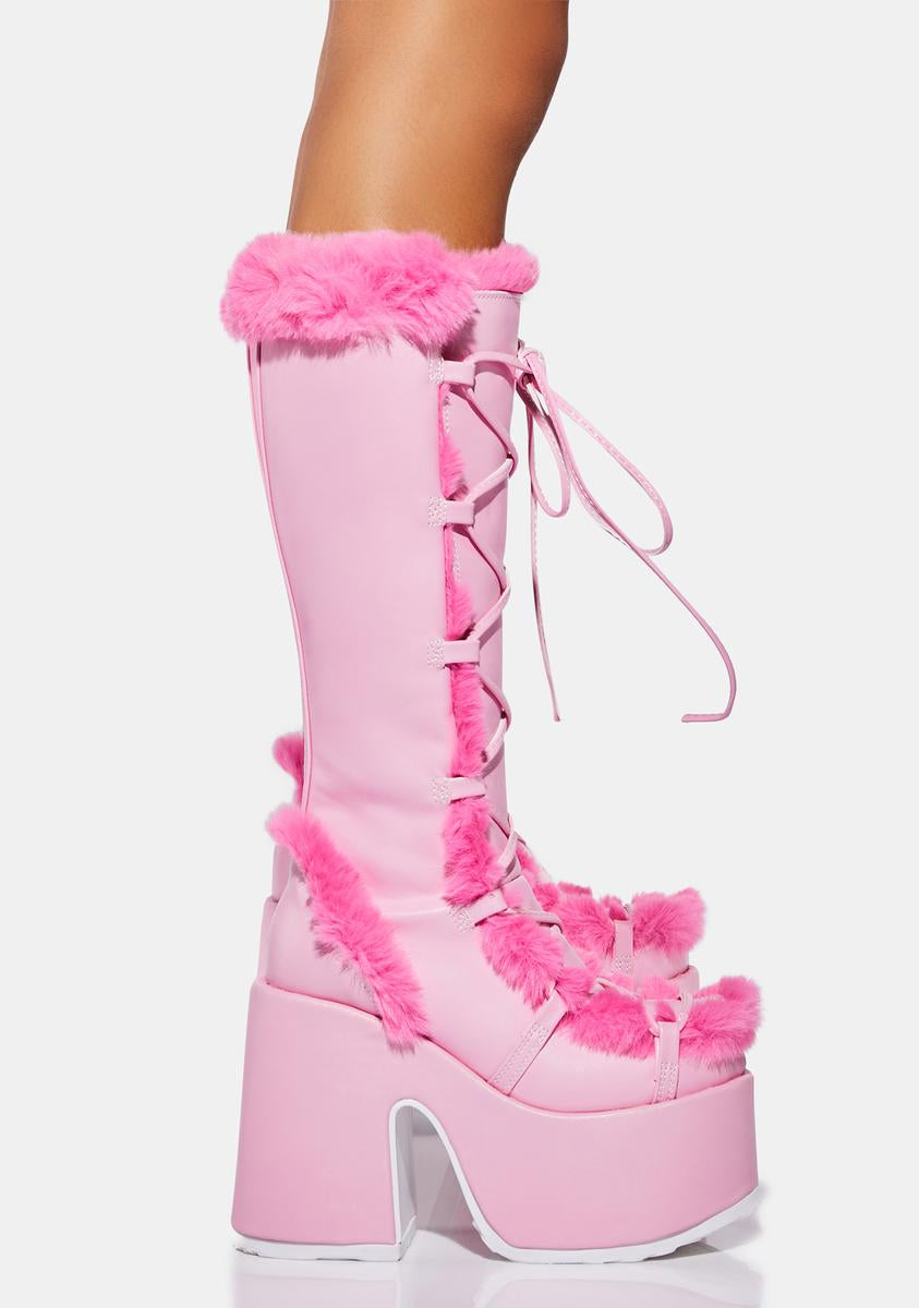 Demonia Camel-311 Faux Fur Knee High Platform Boots - Pink – Dolls Kill