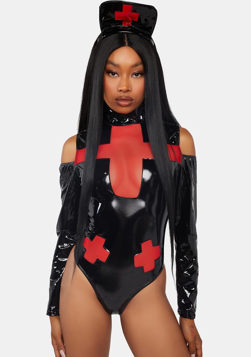 Patent Nurse Bodysuit & Headband Costume - Black/Red – Dolls Kill