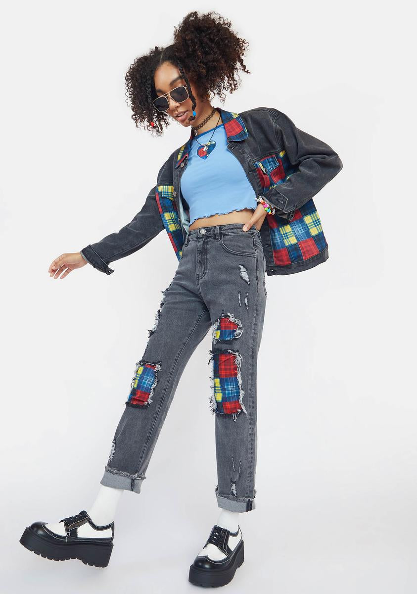 Delia's Washed Denim And Plaid Patchwork Jeans – Dolls Kill