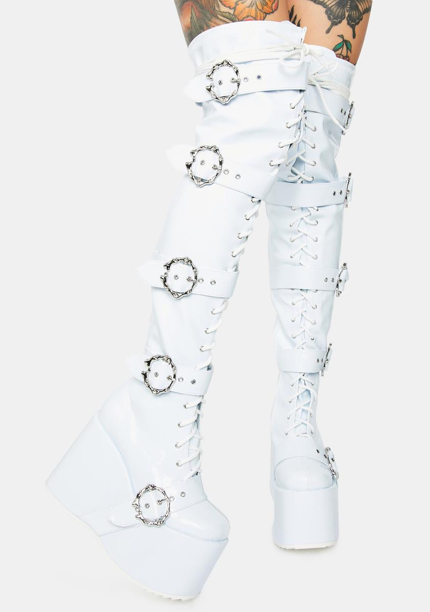 Patent Faux Leather Lace Up Knee High Boots White Dolls Kill