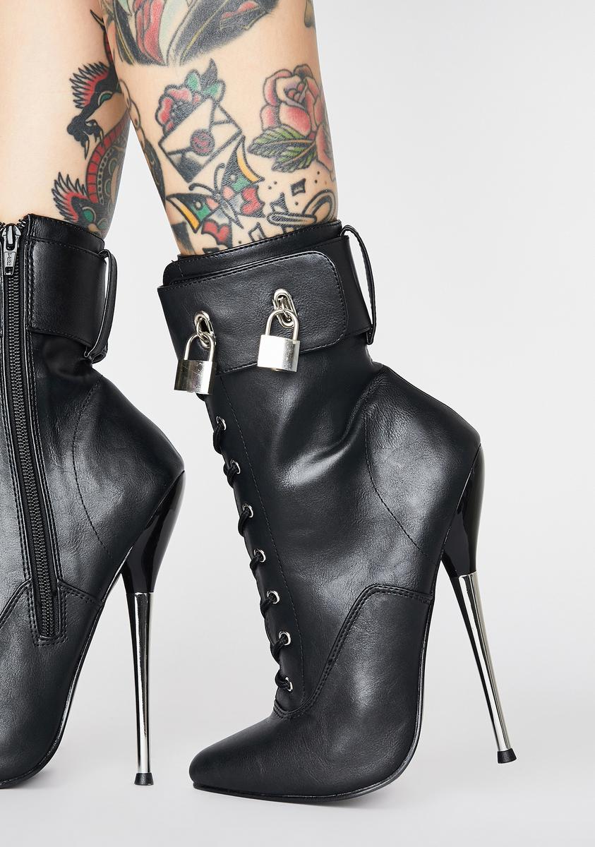 Pleaser Dagger Lock Stiletto Ankle Boots - Black Faux Leather – Dolls Kill
