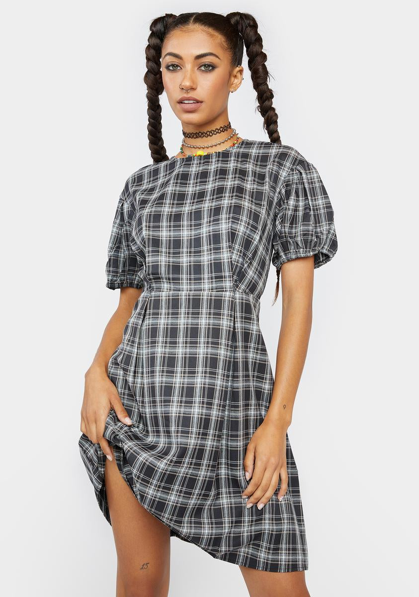 Plaid Puff Sleeve Mini Dress - Black – Dolls Kill