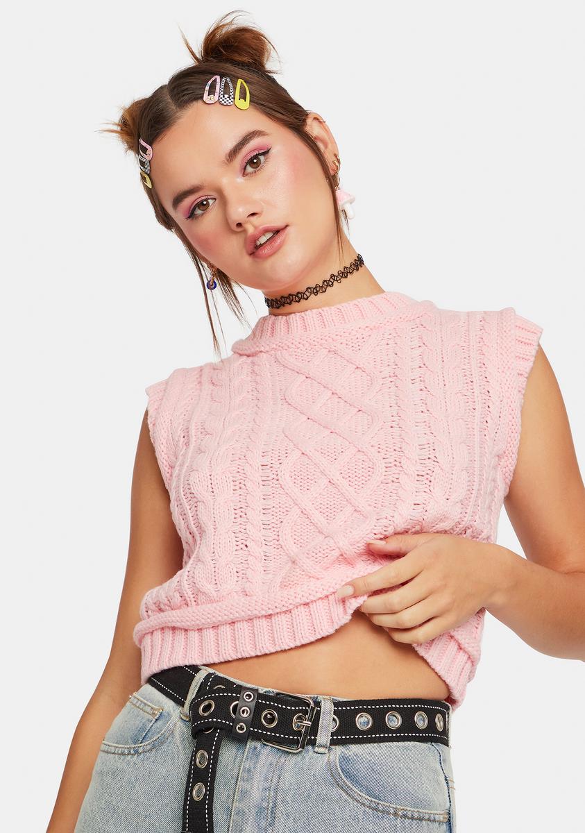 Knitted Cropped Sweater Vest - Pink – Dolls Kill