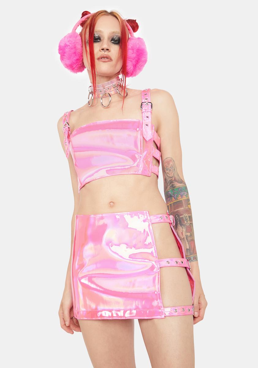 Club Exx Rave Wear Festival Clothing Pink Holographic Iridescent Bondage Buckle Belted Cutout Mini Skirt Dolls Kill