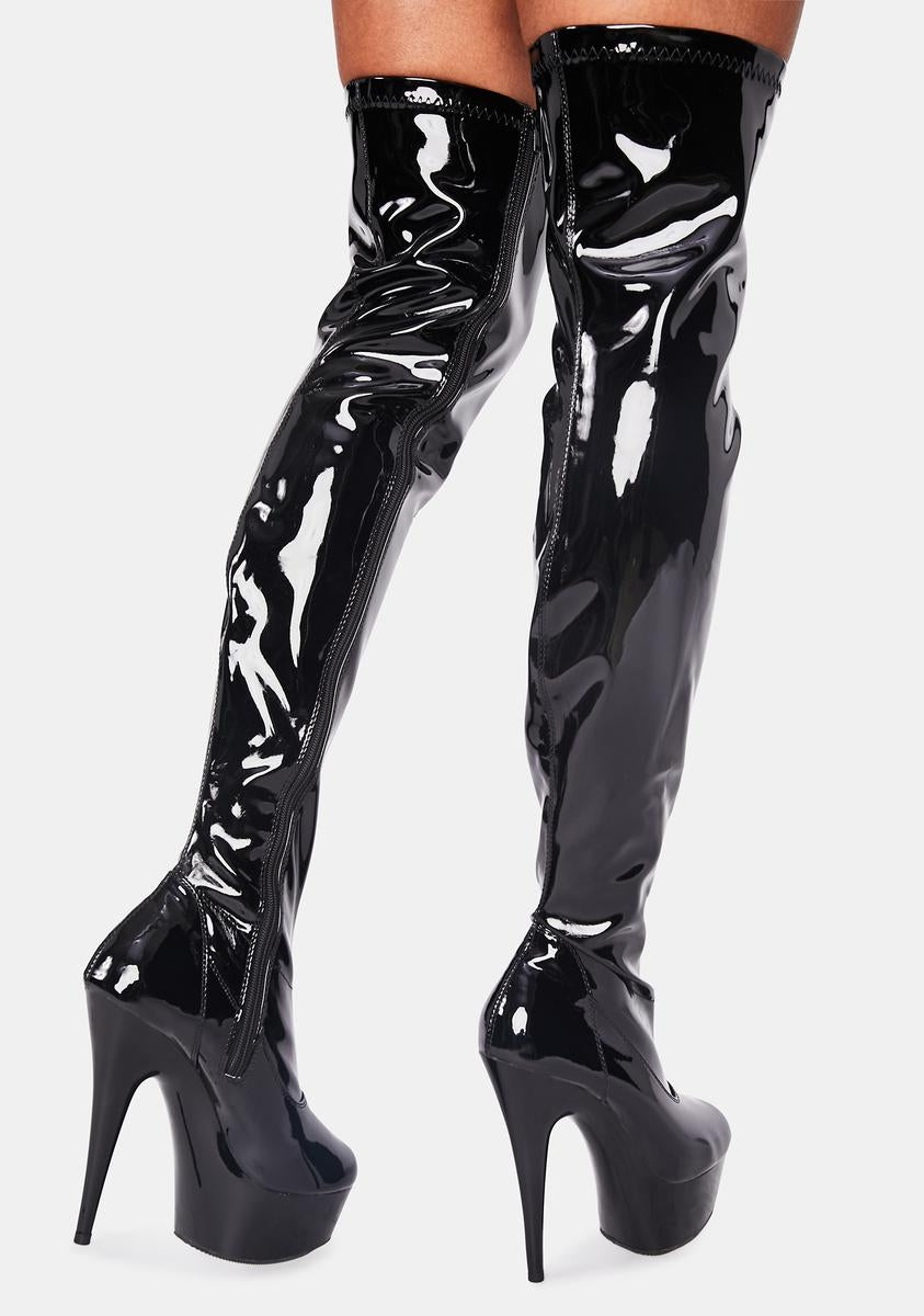 Pleaser Delight 3000 Patent Thigh High Boots - Black – Dolls Kill