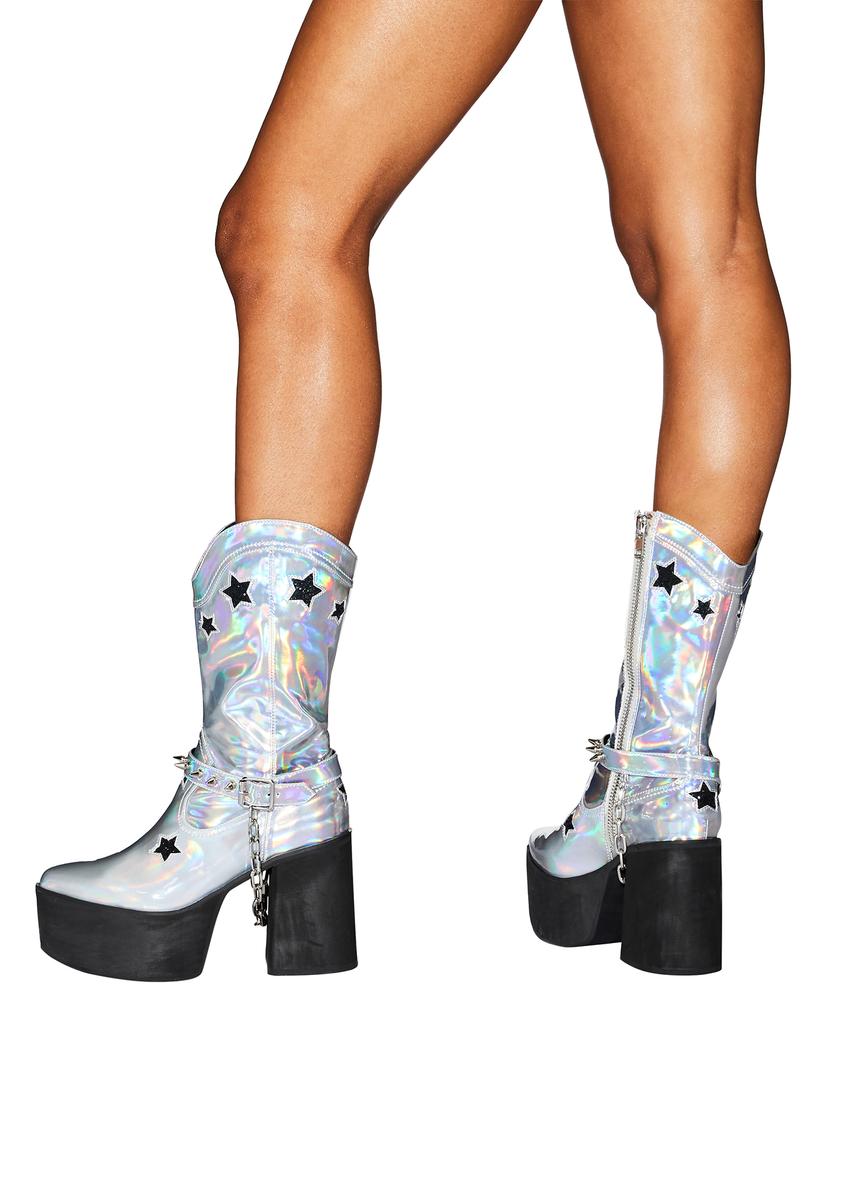 Club Exx Holographic Platform Cowboy Boots - Silver – Dolls Kill