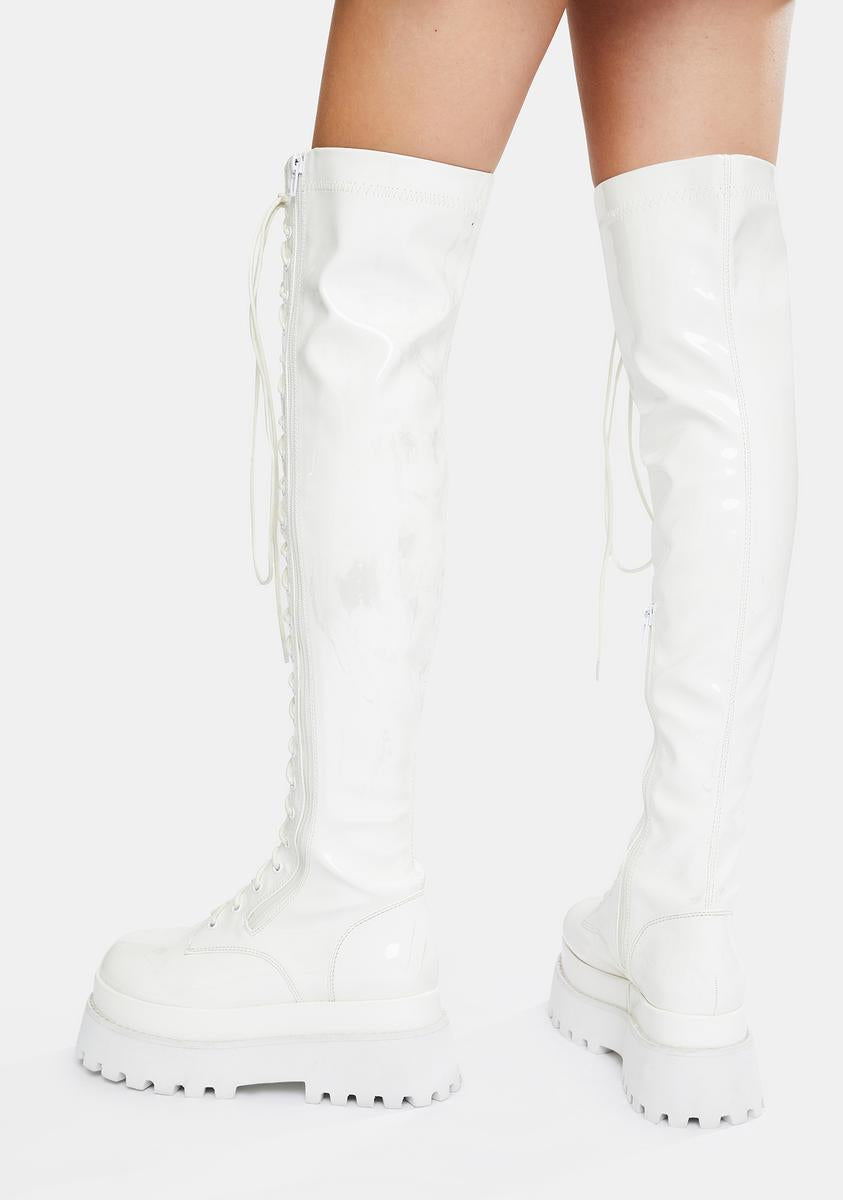 Current Mood Over The Knee Combat Boots - White Patent – Dolls Kill