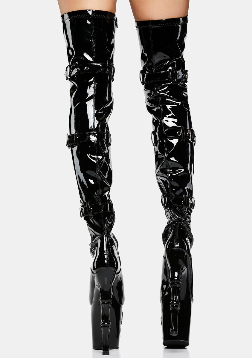 Pleaser Skull Thigh High Platform Stiletto Boots - Black Patent – Dolls Kill