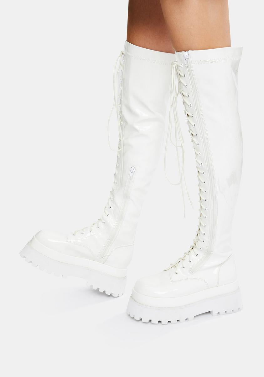 Current Mood Over The Knee Combat Boots - White Patent – Dolls Kill