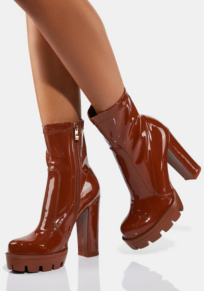 Azalea Wang Patent Platform Ankle Boots - Brown – Dolls Kill