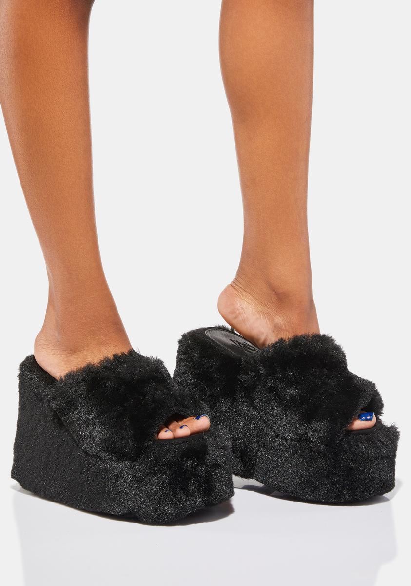 YRU Faux Fur Platform Wedge Sandals - Black – Dolls Kill