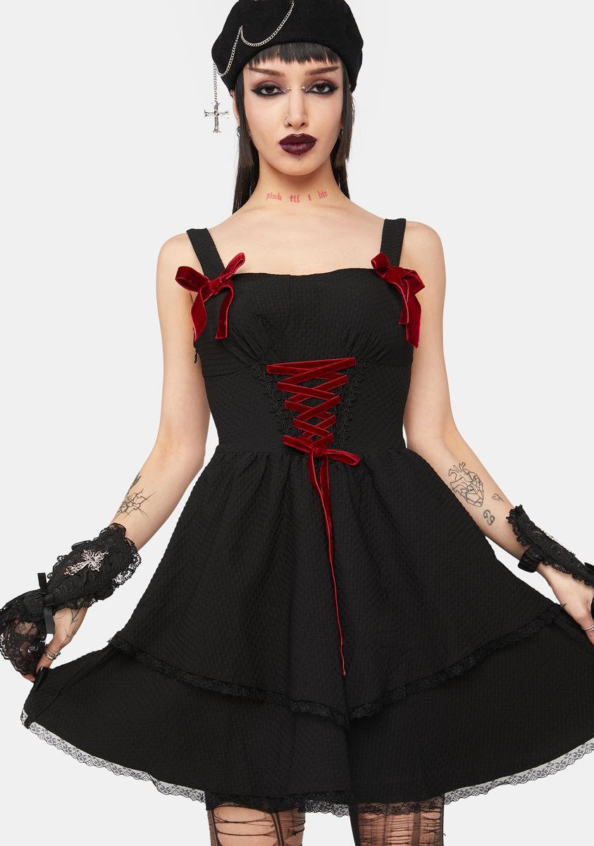 Dark In Love Lace Up Bow Mini Dress - Black/Red – Dolls Kill