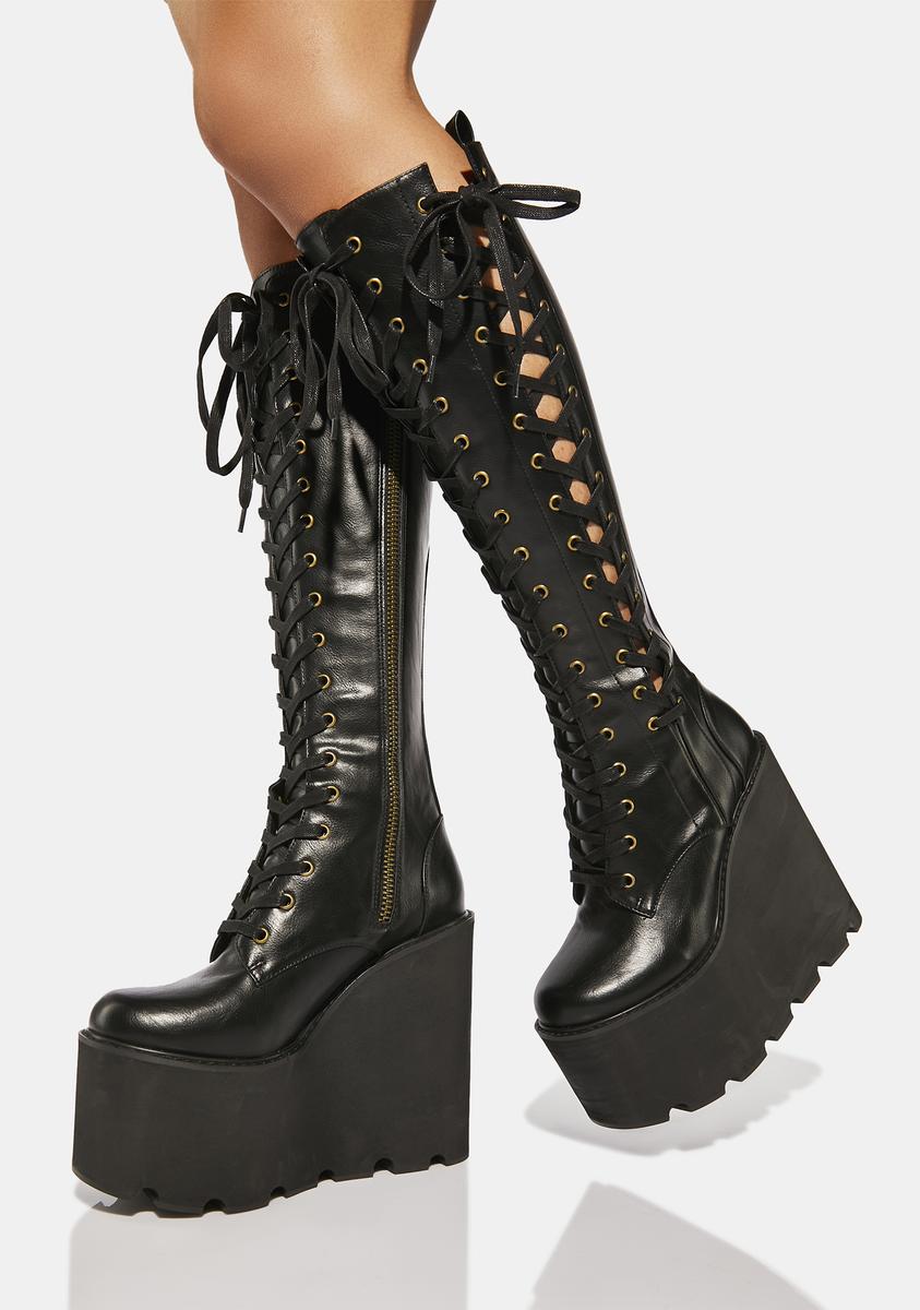 Current Mood Vegan Leather Corset Lace Up Knee High Wedge Platform Boots –  Dolls Kill