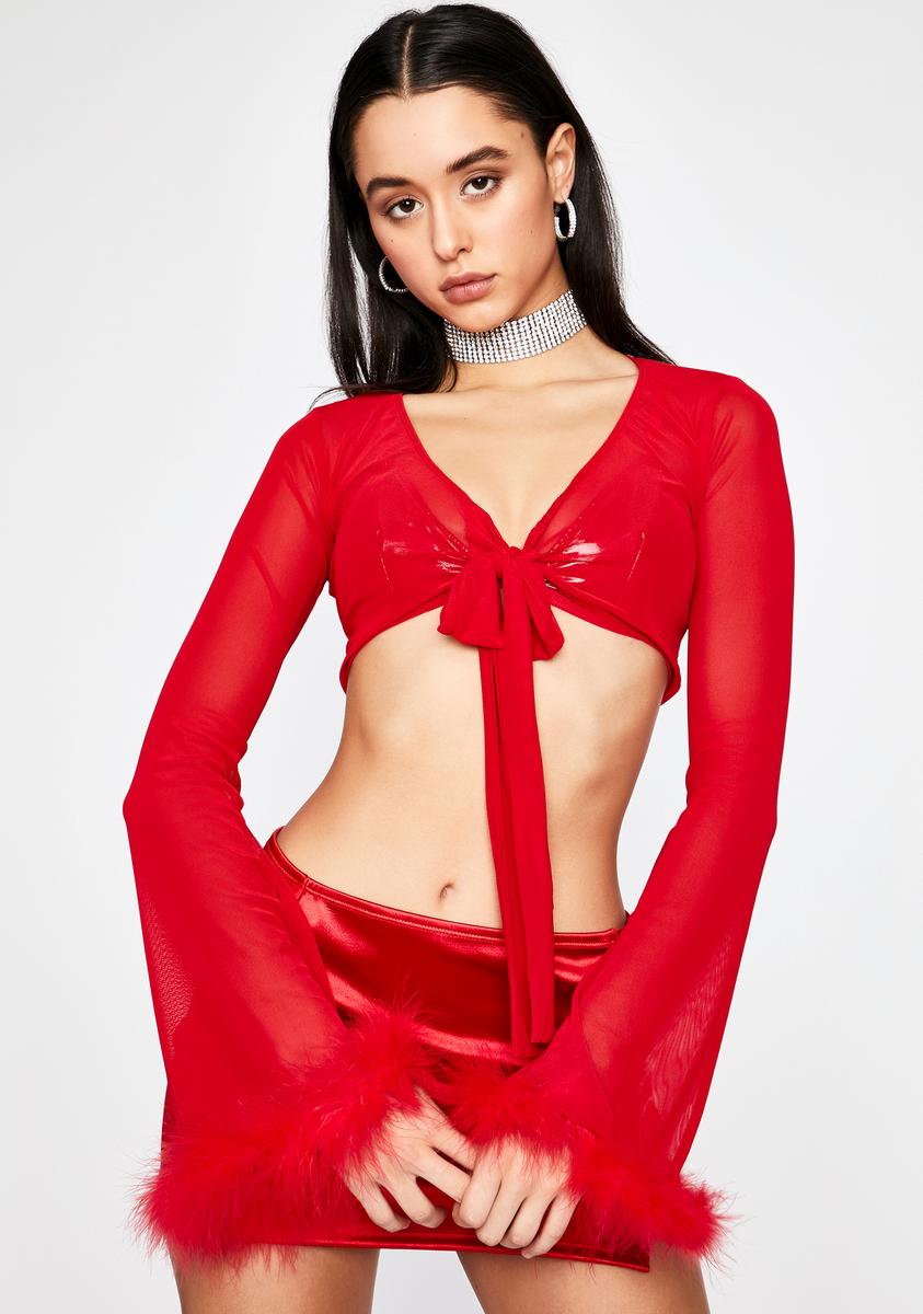 Bell Sleeve Mesh Crop Top Front Tie Sheer Marabou Trim V-Neck Sexy Red –  Dolls Kill