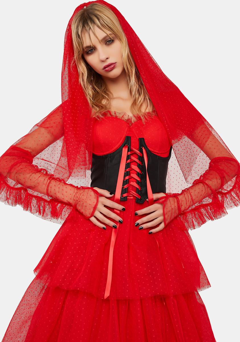 Dolls Kill X Beetlejuice Swiss Dot Lydia Wedding Costume Maxi Dress - Red
