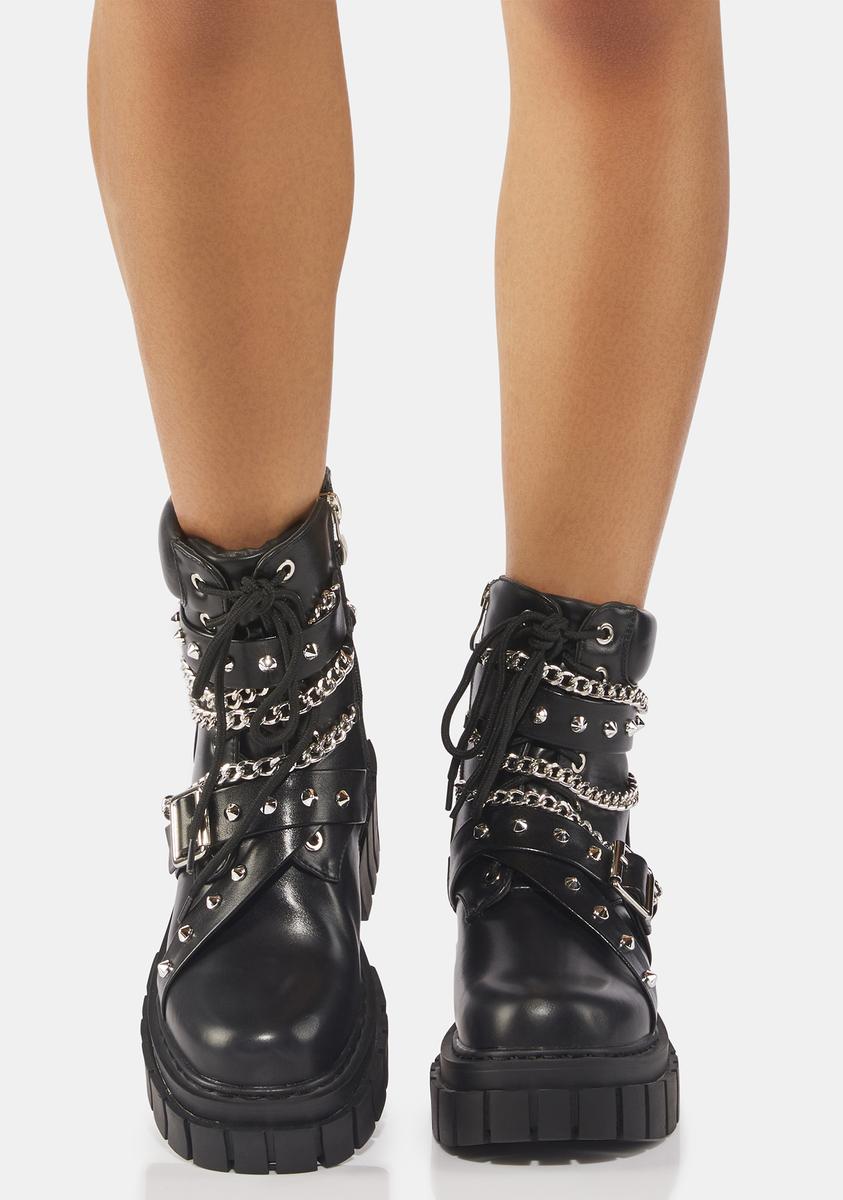 Azalea Wang Vegan Leather Chain Link Spike Stud Combat Boots - Black –  Dolls Kill