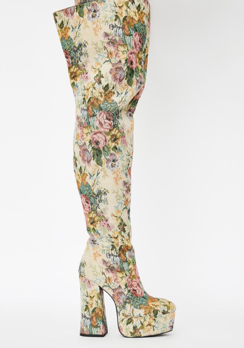 Sugar Thrillz Floral Tapestry Print Thigh High Platform Heeled Boots Pastel  – Dolls Kill