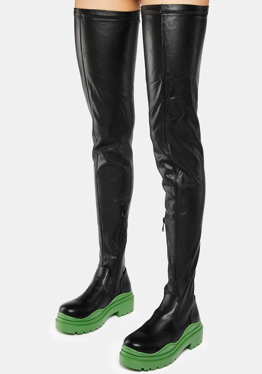 AZALEA WANG Vegan Leather Thigh-High Boots - Black/Green – Dolls Kill