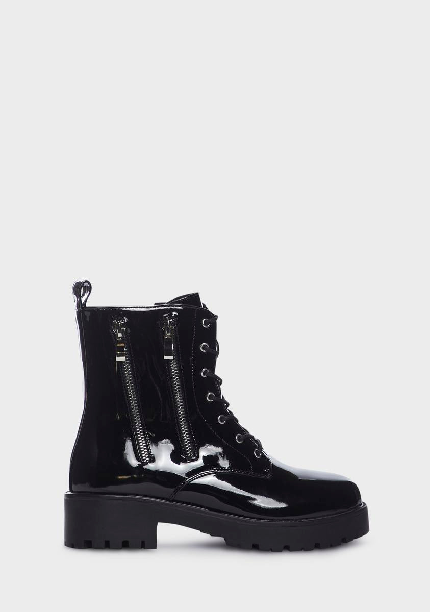 AZALEA WANG Patent Vegan Leather Combat Boots - Black – Dolls Kill