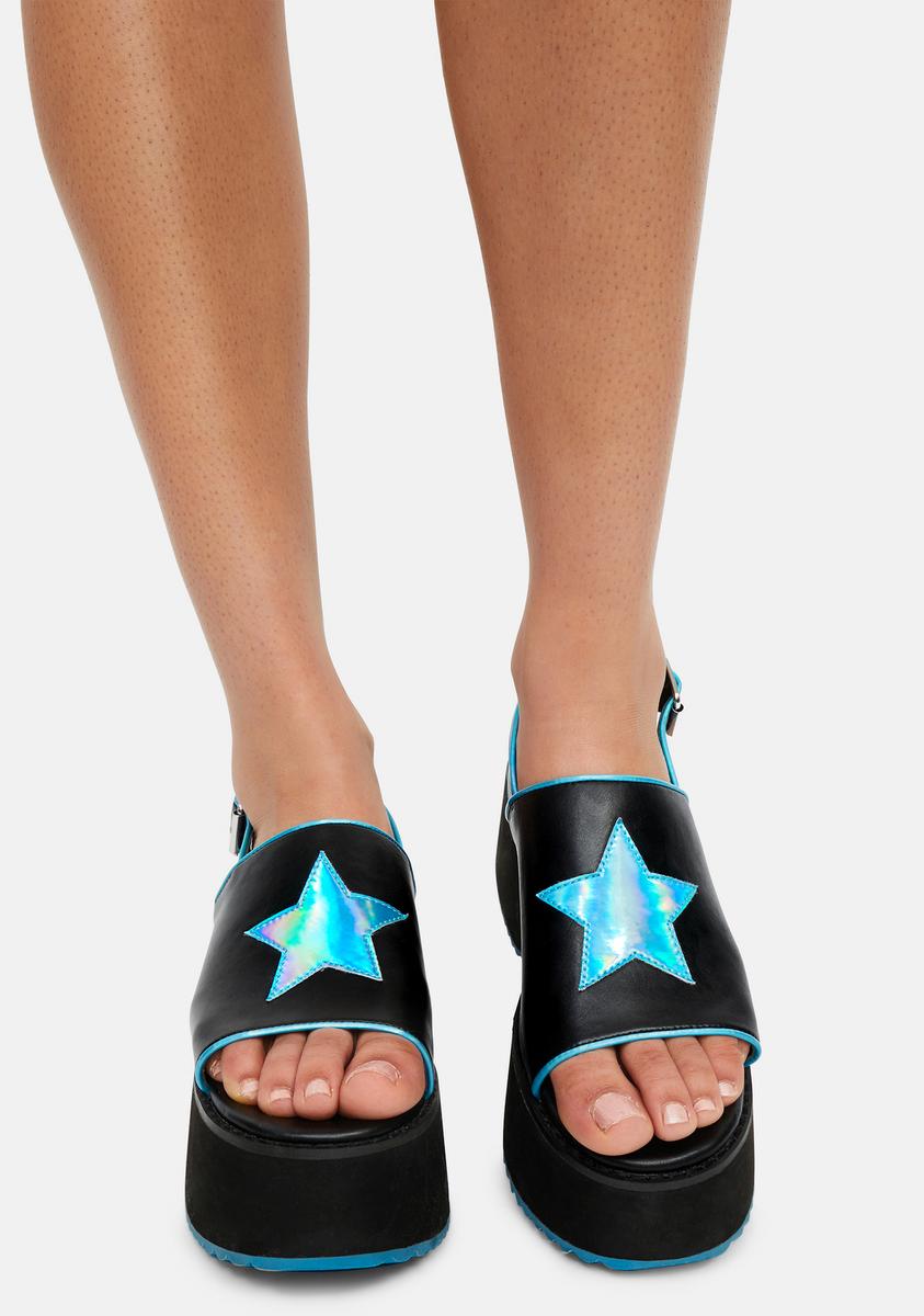 Delias Groovy Holographic Star Peep Toe Platform Sandals - Blue Black –  Dolls Kill