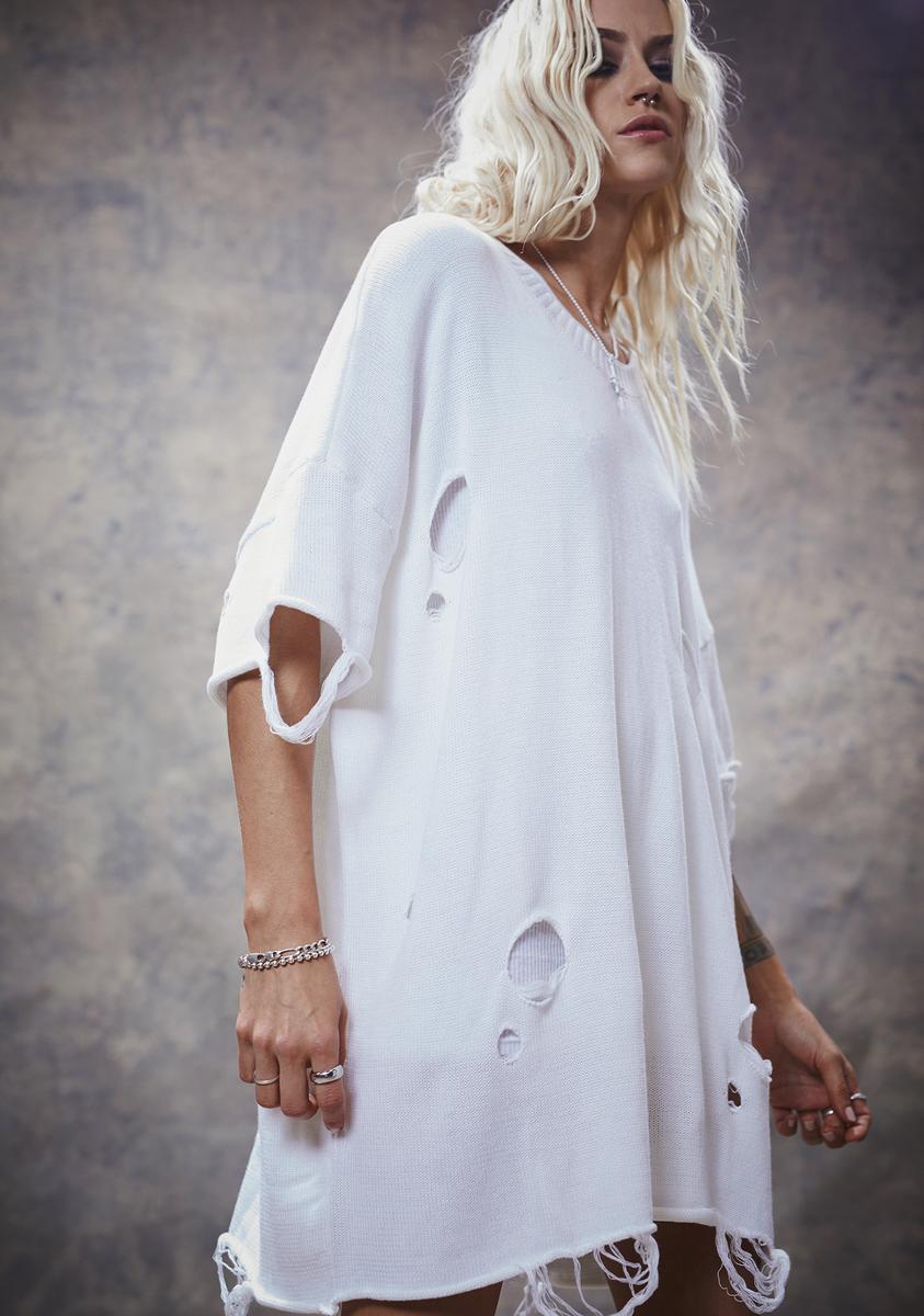 Darker Wavs Unisex Oversized Distressed Sweater Shirt - White – Dolls Kill