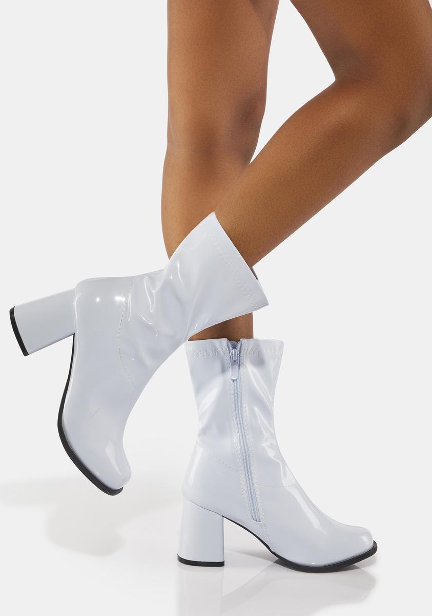 Ellie Shoes White Patent Short Gogo Boots – Dolls Kill