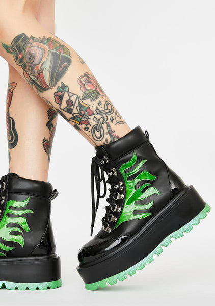 Koi Footwear Flame Platform Combat Boots - Black/Green – Dolls Kill